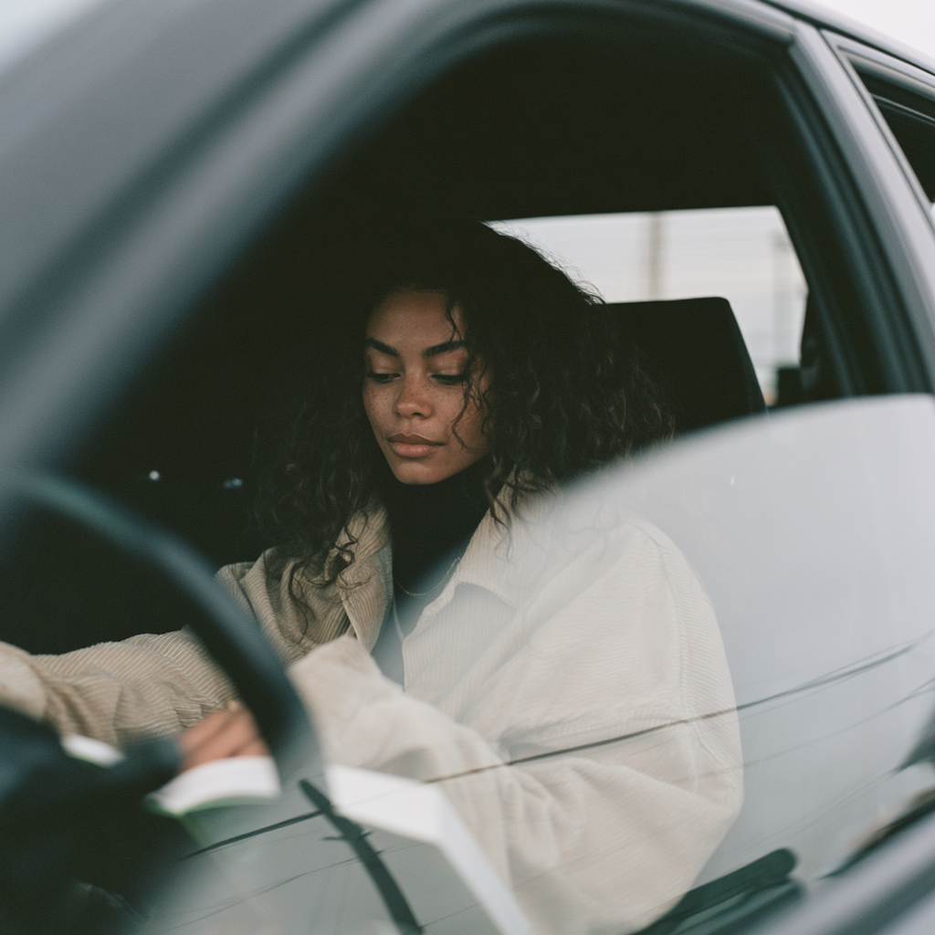 A woman sitting in a parked car with a book open in her lap, seatbelt still on, looking past the page